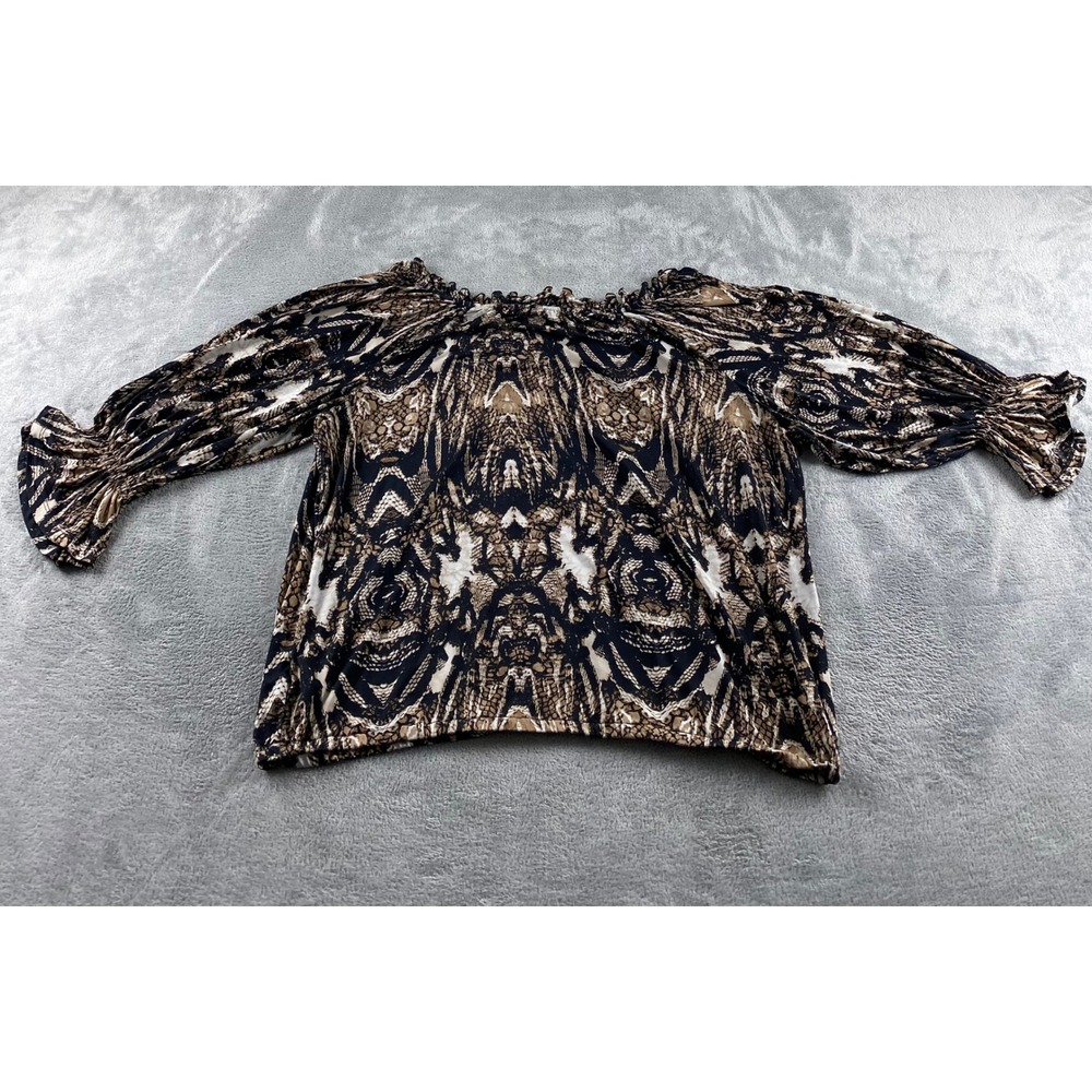Worthington Woman Stretch Snakeskin Print Ruffle Tie Neck Blouse Plus 1X Brown - Picture 11 of 13